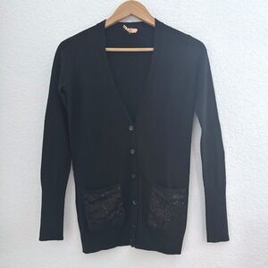 Ann Taylor Extrafine Merino Wool Knit Cardigan Sweater S Black Sequin Secretary